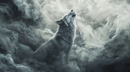 Majestic grey wolf howling amidst dramatic smoke clouds.