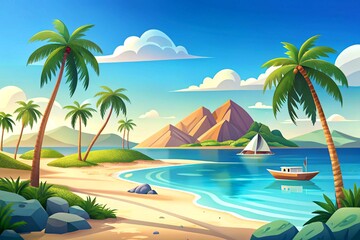 Obraz premium Sunny tropical beach with golden sand and palm trees by the azure sea