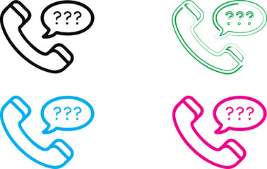 Minimalist phone icon, question mark speech bubble, colorful outlines, simple graphic design, flat illustration style, communication concept, inquiry symbol, customer service icon, multicolor variatio