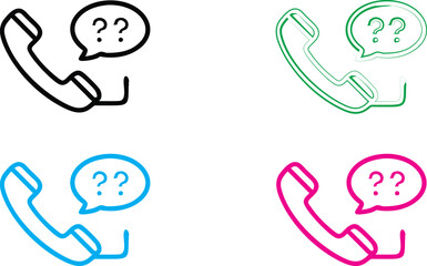 Minimalist phone icon, question mark speech bubble, colorful outlines, simple graphic design, flat illustration style, communication concept, inquiry symbol, customer service icon, multicolor variatio