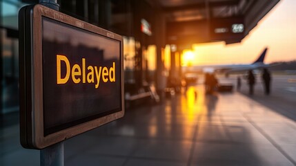 A digital sign displaying "Delayed" at an airport during sunset, indicating travel disruptions amidst a serene evening atmosphere.