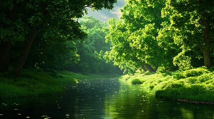 Tranquil River Flowing Through Lush Green Forest Landscape