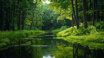Fototapeta premium Serene Forest Scene with Lush Greenery and Calm Reflective Water
