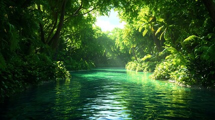 Fototapeta premium Lush Tropical Jungle River Surrounded by Vibrant Green Foliage