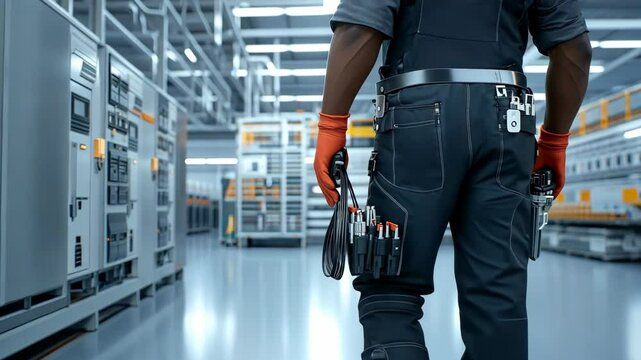 A technician moves through a modern facility with tools at their side, focusing on the intricate equipment in a clean environment