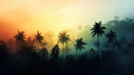 Obraz premium A serene landscape featuring silhouetted palm trees against a vibrant sunset with shades of orange, blue, and green.