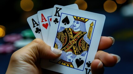 Ace King Poker Hand, Closeup View of a Winning Hand, Casino Game, Cards, Gambling