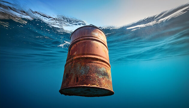 Old corroded barrel drifting on the surface of the ocean. Industrial waste and ecosystem.