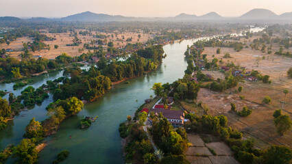 Aerial of Laos don det island at sunset view 4000 islands on Mekong river drone above 4 thousand island