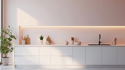 A clean minimalist kitchen with sleek white cabinets, neutral countertops, and pastel accents creating an elegant and serene ambiance