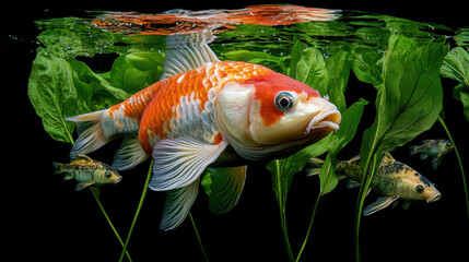 Vibrant koi fish swimming among lush green aquatic plants in clear water