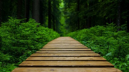 Obraz premium Tranquil Wooden Path Through Lush Green Forest Scenery