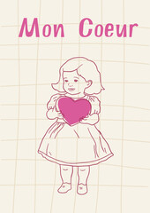 Coquete girl with heart vector line art illustration. Flirtatous poster for Valentine's Day