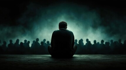 A solitary figure sits in darkness, facing a crowd shrouded in mist, evoking themes of isolation and contemplation, This image is suitable for discussions on mental health, public speaking