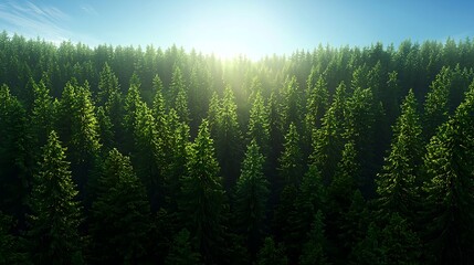 Fototapeta premium Expansive Lush Green Forest Embraced by Gentle Morning Light