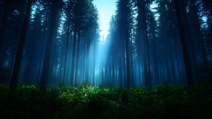 Enchanting Forest Scene with Sunlight Filtering Through Trees