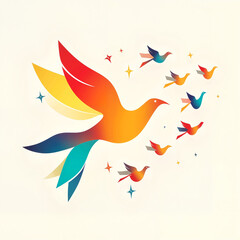 Obraz premium Majestic bird in flight with glowing bird silhouettes and sunrise sky