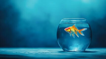 A vibrant goldfish swims gracefully in a clear glass bowl, set against a serene blue background, This image can be used for themes of tranquility, pets, or aquatic life in various design contexts,