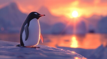 Obraz premium Penguin on icy surface at sunset, warm orange glow, snow-covered mountains, serene and striking scene