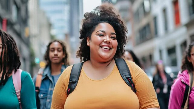 Young plus-size woman smiling walking in the city with friends