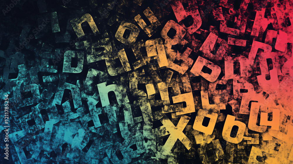 Aufkleber dynamic gradient of colorful 3d letters scattered across a textured surface blending blue, red, and 