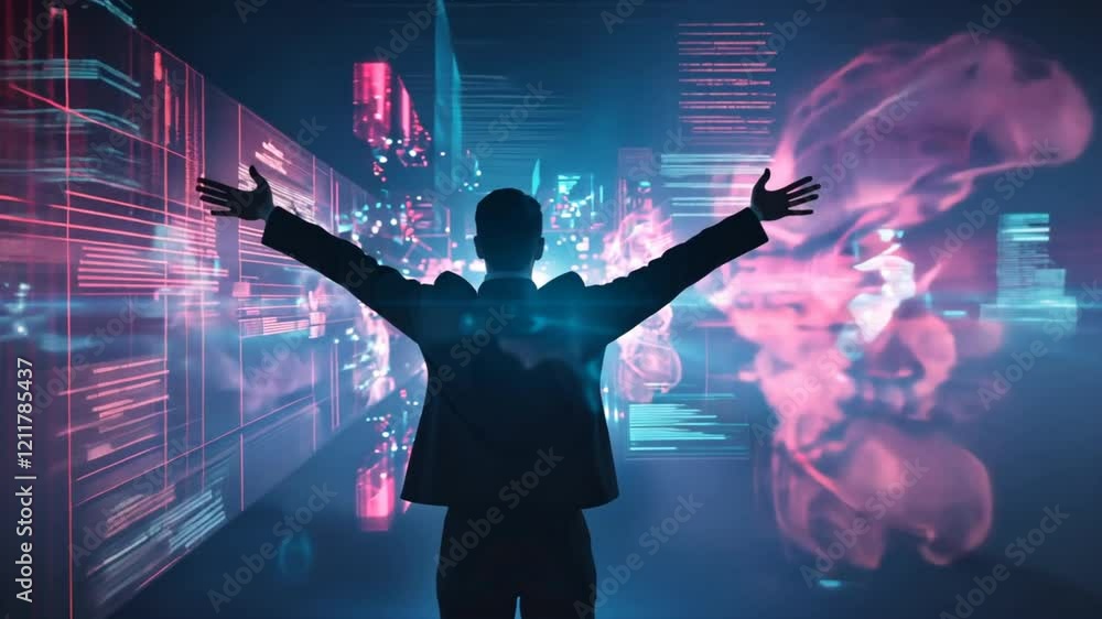 Poster empowerment through digital technology silhouette of man in suit amidst vibrant data visualizations 