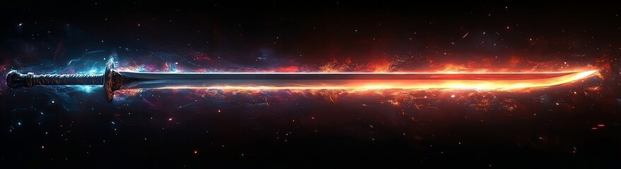 Fiery dual-element energy sword radiates intense orange-red flames and cold blue energy sparks in darkness