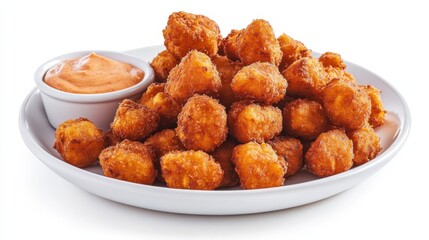 A plate of crispy sweet potato tots with a golden brown crust and a side of creamy sriracha aioli, Each tot’s crunchy exterior and fluffy interior captured with precision