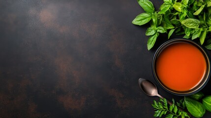 A warm bowl of tomato soup surrounded by fresh basil leaves on a dark textured surface, Ideal for food blogs, cooking websites, and menu designs to evoke a cozy, inviting atmosphere,