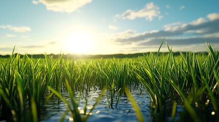 Obraz premium Lush Green Grass at Sunset Reflecting on Calm Water Surface