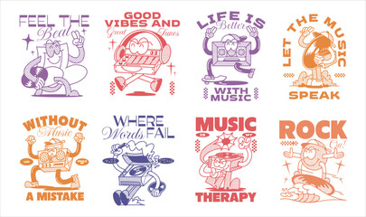 Vintage music t-shirt design set for print. Retro rubberhose graphic poster. Musician t shirt design, Vintage vector graphic bundle, music quotes design.  © Universtock