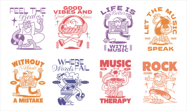 Vintage music t-shirt design set for print. Retro rubberhose graphic poster. Musician t shirt design, Vintage vector graphic bundle, music quotes design. 