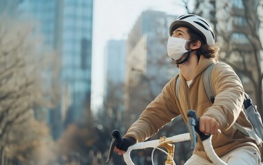 Man wearing a mask rides a bicycle in an urban setting to protect PM2.5 dust.