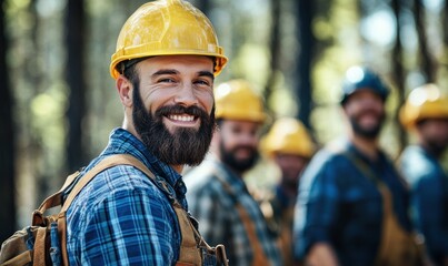Obraz premium Smiling Lumberjack in the Forest