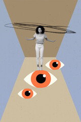 Photo vertical image collage of shocked american girl stand human eyeball vision observer stare...
