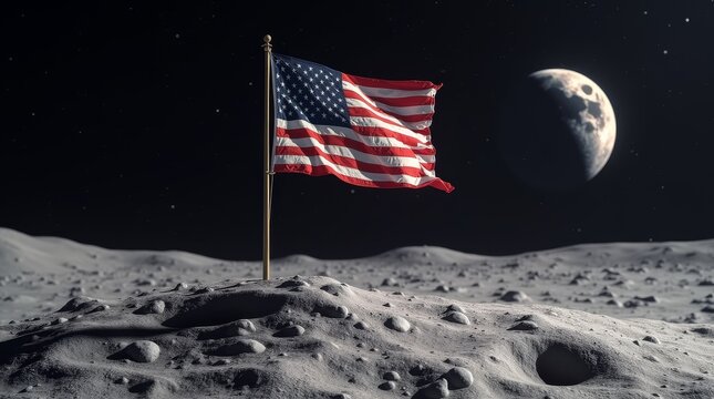 American flag on the moon with Earth in the background. Symbol of space exploration and historic lunar achievements - Powered by Adobe