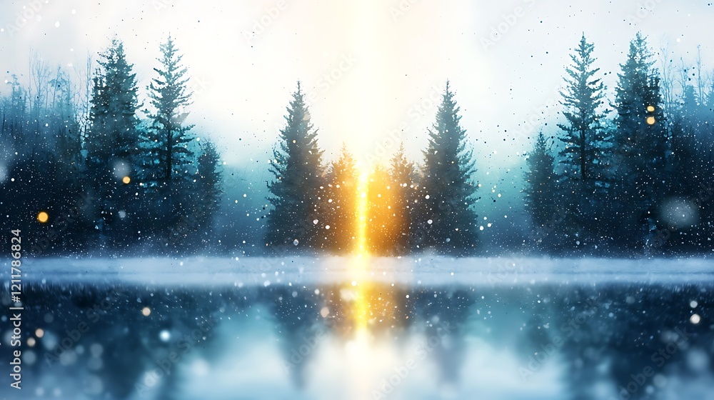 Poster a brilliant light column reflecting the snow and illuminating the trees in the vicinity