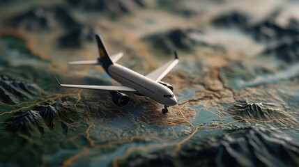A detailed model airplane is positioned over a textured map, emphasizing travel and exploration, This image is ideal for travel agencies, blogs, or advertisements promoting aviation services,