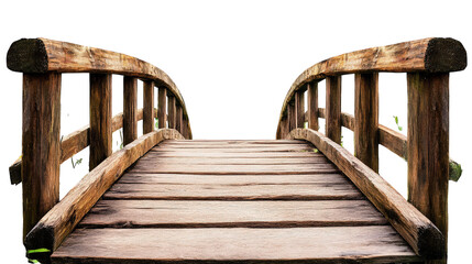 rustic wooden bridge pathway surrounded by nature, inviting exploration and tranquility. weathered wood and gentle curves create serene atmosphere
