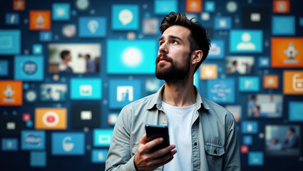 Portrait of Caucasian Man Using Smartphone in Metaverse with Animated Social Media and E-Commerce Interfaces