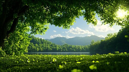 Fototapeta premium Tranquil Lake Surrounded by Lush Greenery and Majestic Mountains
