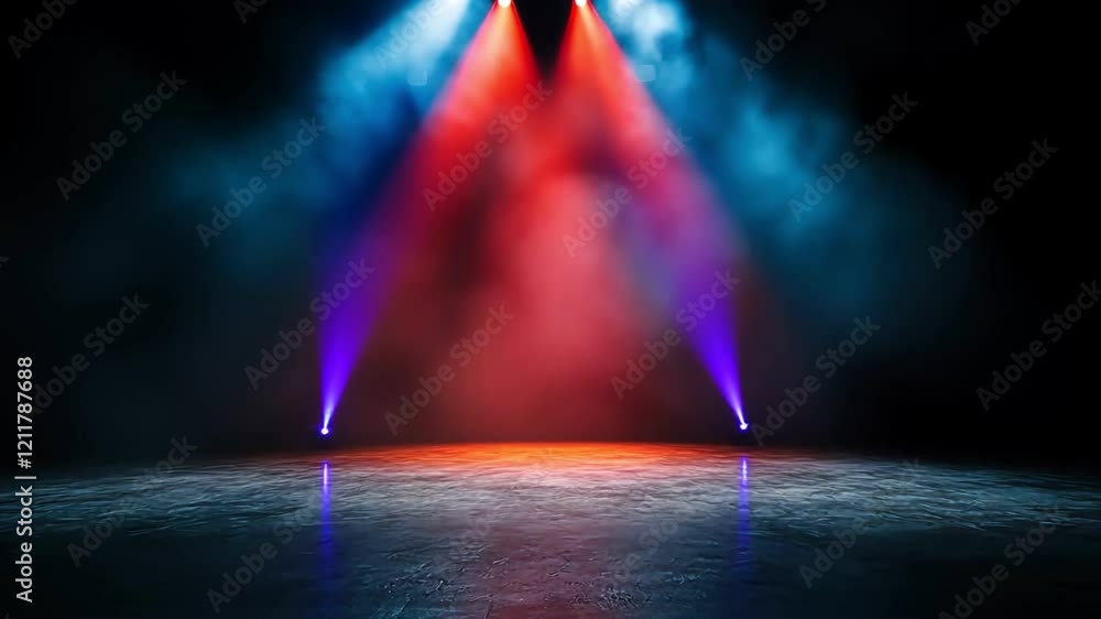 Poster vibrant stage lights illuminating an empty performance space, creating a dramatic atmosphere.