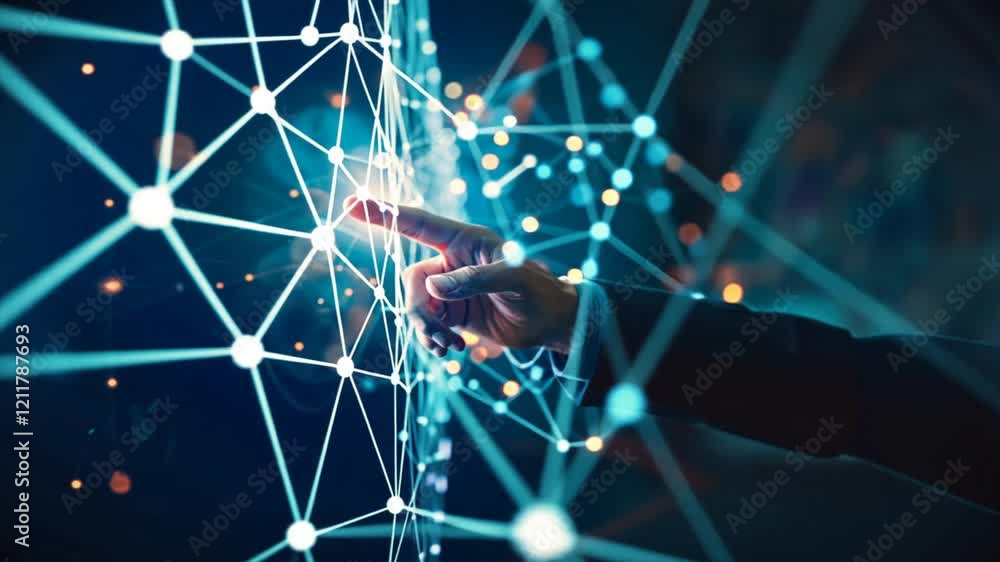 Poster hand interacting with glowing digital network of connected nodes futuristic technology innovation sh