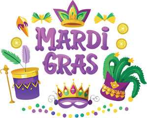 Decorative Mardi Gras Drum, Mask, and Beads Design
