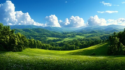 Fototapeta premium Serene Lush Green Landscape under Blue Sky with Fluffy Clouds
