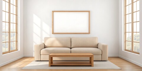 Frame mockup, 3D render , ISO A paper size. Living room wall poster mockup. Interior mockup with house background. Modern interior design.
