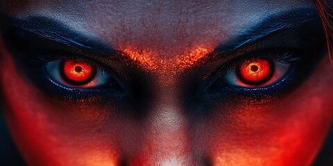 Naklejka premium Close-up of a woman glowing demonic eyes with face partially painted in red and black. Demonic sinister character. Concept of Halloween, makeup, supernatural character. Flyer,
