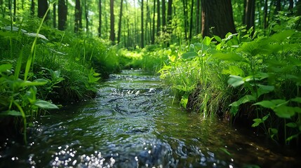 Obraz premium Tranquil Stream Flowing Through Lush Green Forested Landscape