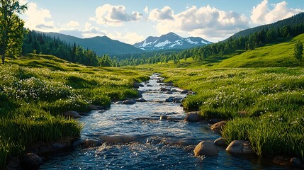 Fototapeta premium Serene Mountain Landscape with Stream and Lush Green Meadow