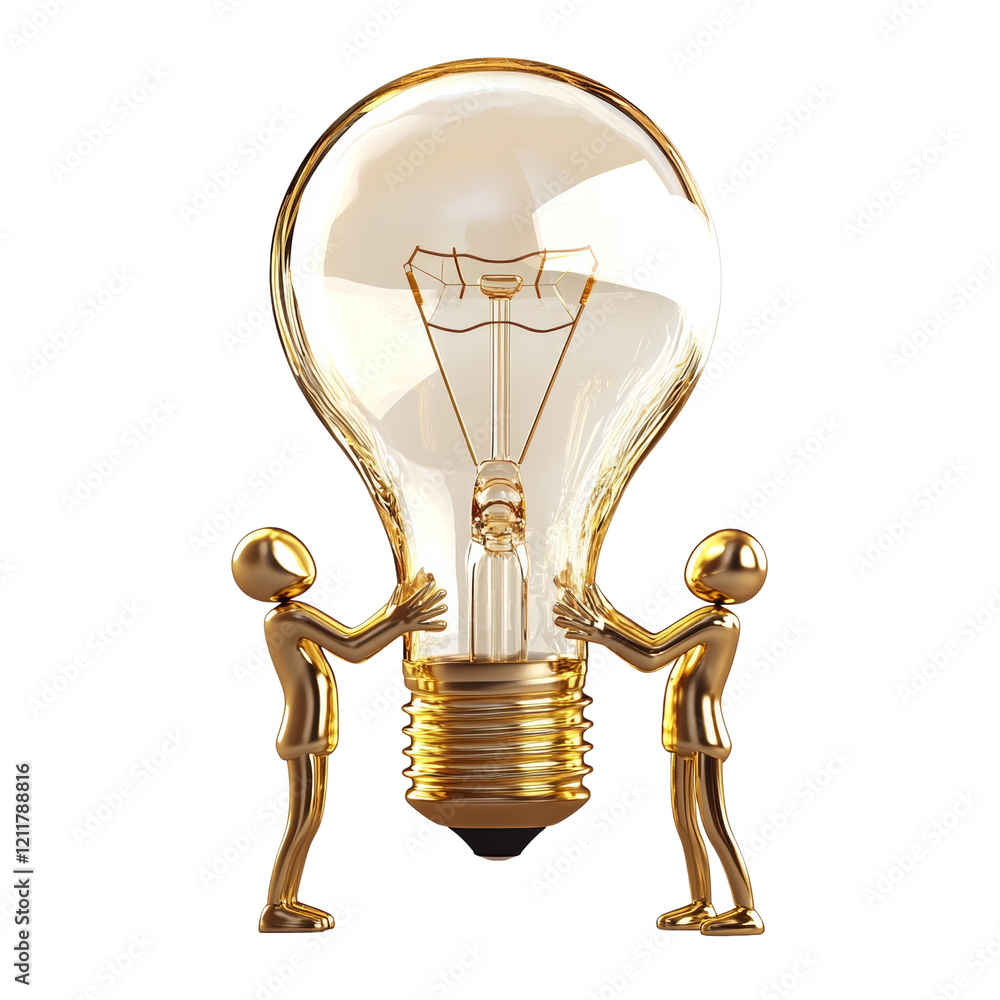 Poster golden figures support a large glowing lightbulb